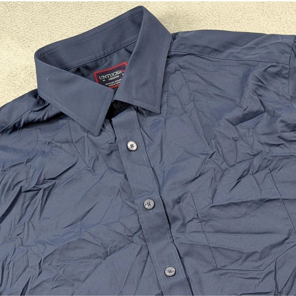 Mens UNTUCKit Medium Navy Blue Button Down Solid Nylon Gironde Shirt‎